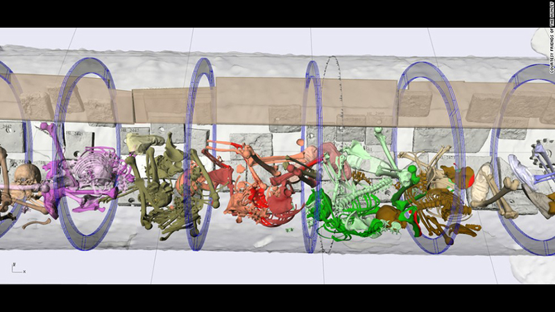 An x-ray reconstruction of the interior of the H.L. Hunley shows the color-coded skeletons of the eight crewmen still at their stations with no broken bones. (Credit: Friends of the Hunley)
